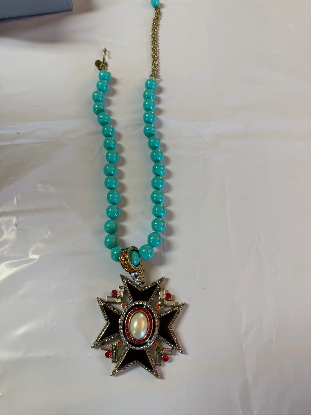 Heidi Daus Turquoise Bead Necklace with Black Star Pendant and Pearl Cabochon